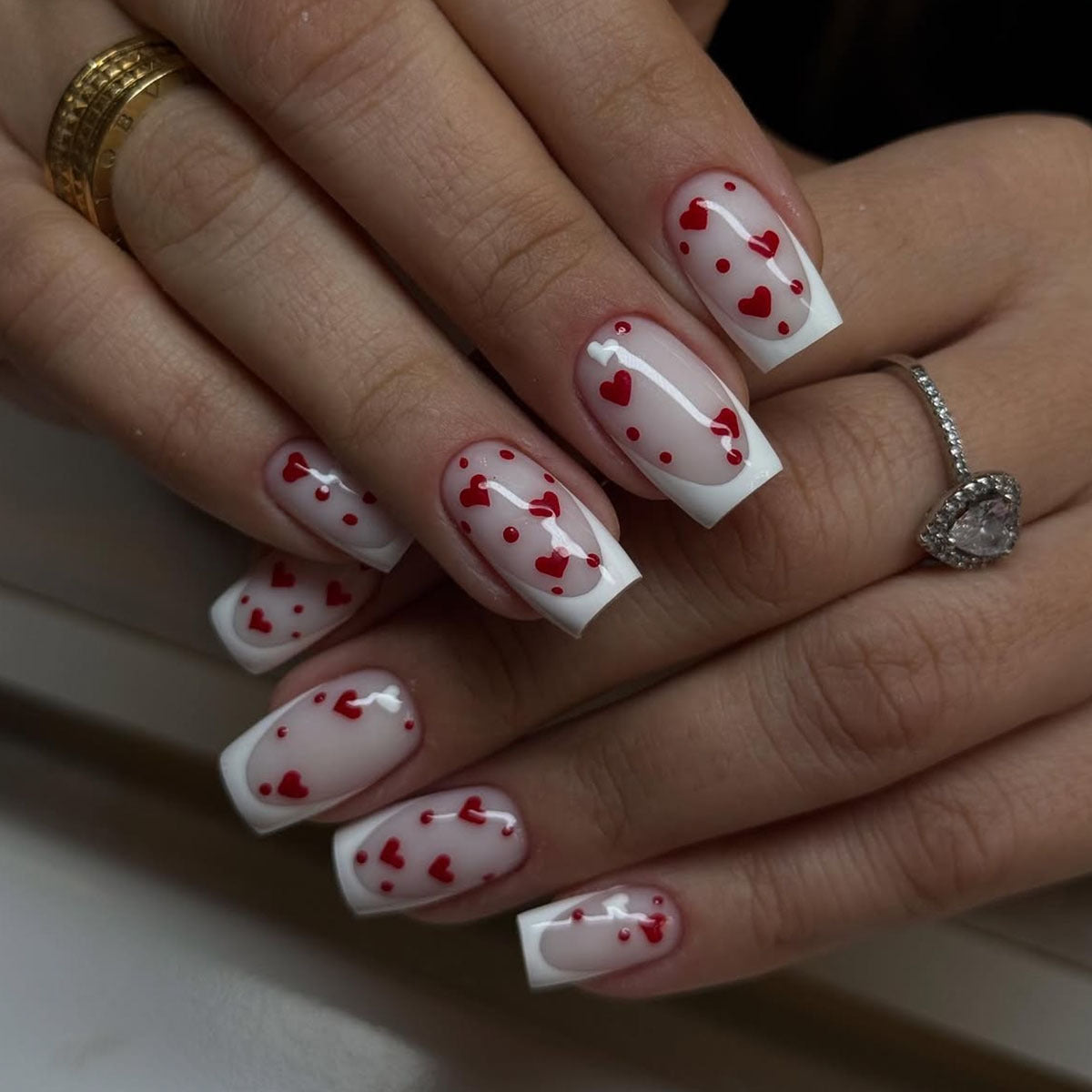 24pcs/Set Valentine's White French with Red Heart & Dots Press-On Nails