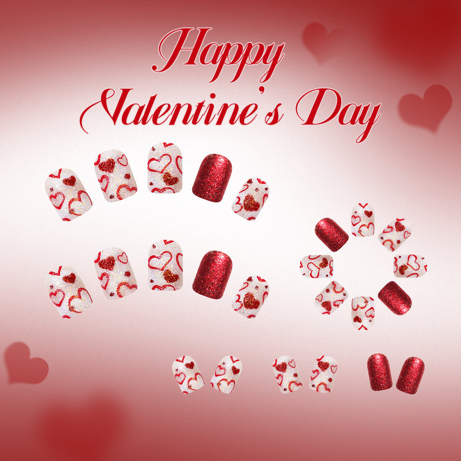 24pcs/Set Short Valentine Red Heart Dots Press On Nails