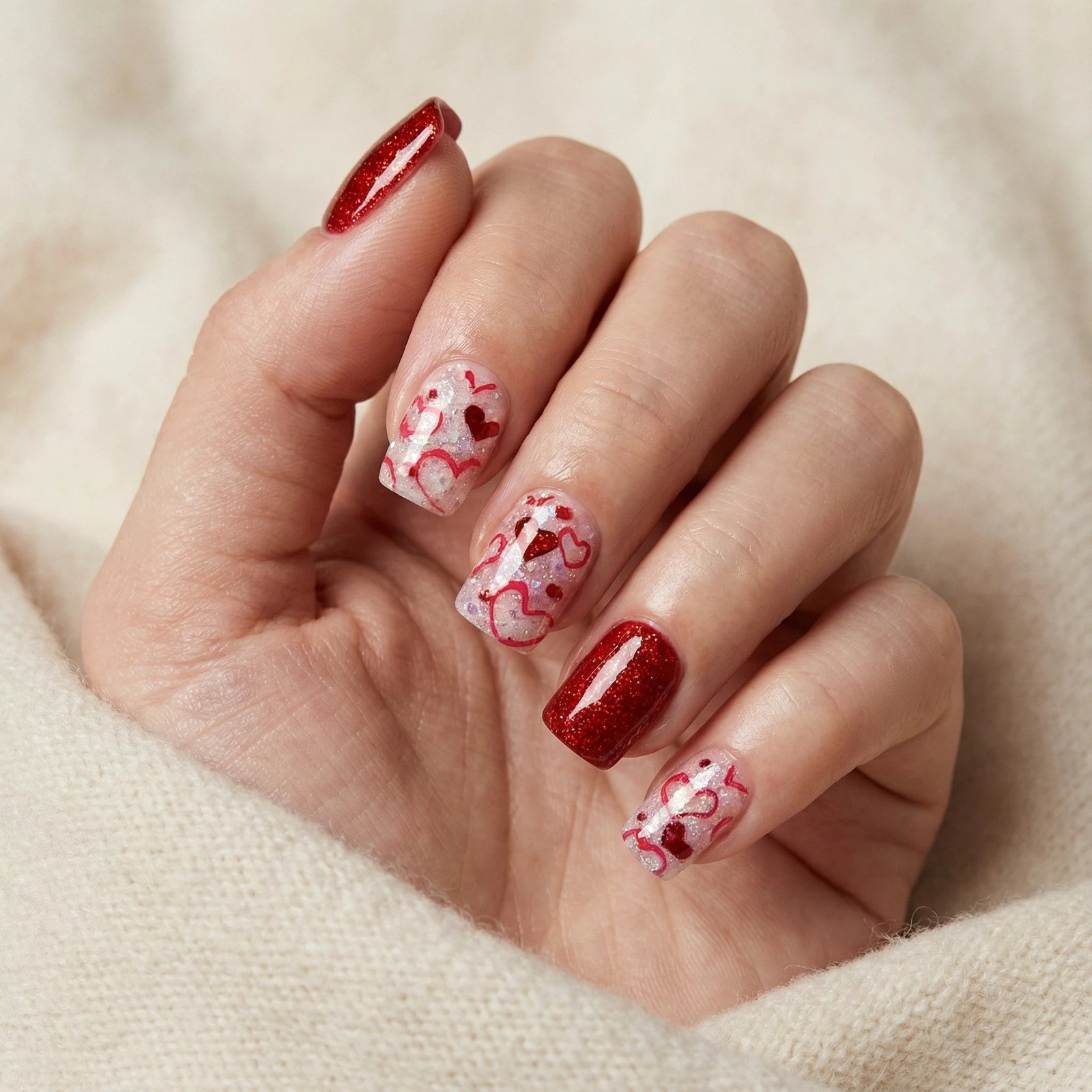 24pcs/Set Short Valentine Red Heart Dots Press On Nails