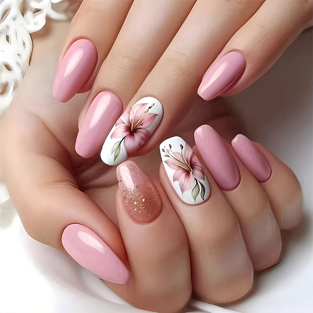 24pcs/Set Pink & White Floral Press-On Nails