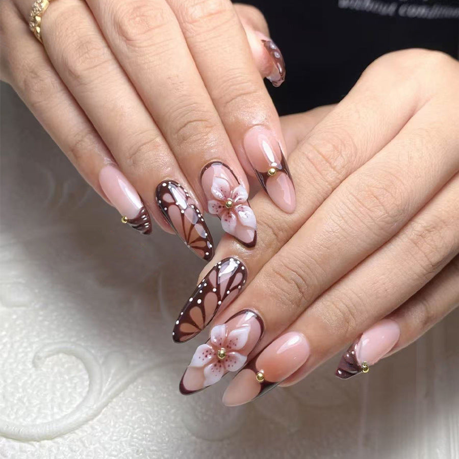 30pcs/Set Espresso French with 3D Floral Press-On Nails
