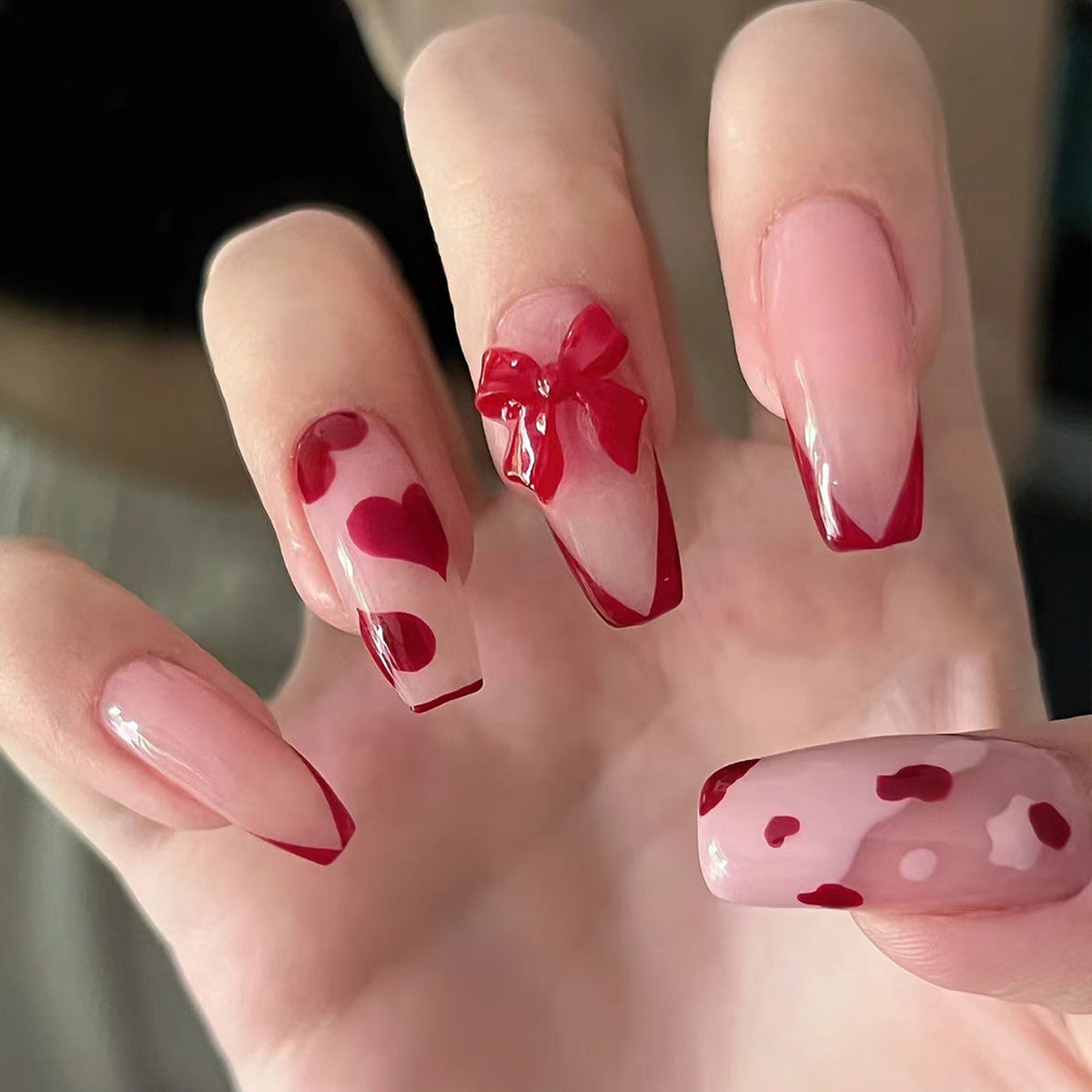 24pcs/Set 3D Bow & Heart French Press-On Nails