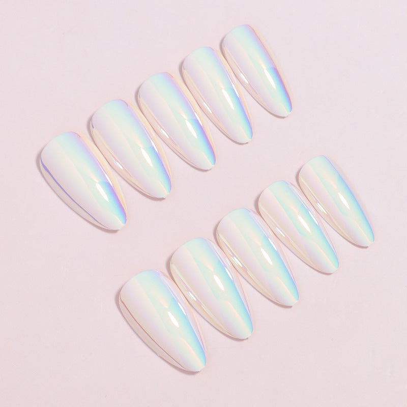 24pcs/Set Almond White Holographic Chrome Press-On Nails