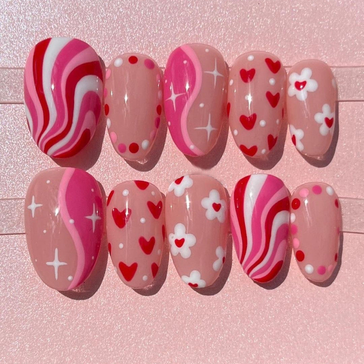 30pcs/Set Oval Pink Pop Stripe with Heart, Flowers & Valentine's Press-On Nails