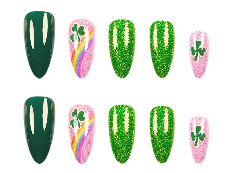 24pcs/Set St. Patrick's Rainbow Glitter Shamrock Press-On Nails