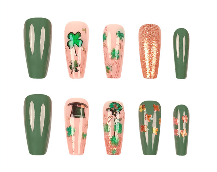 24pcs/Set St. Patrick's Gold Glitter 3D Shamrock Press-On Nails