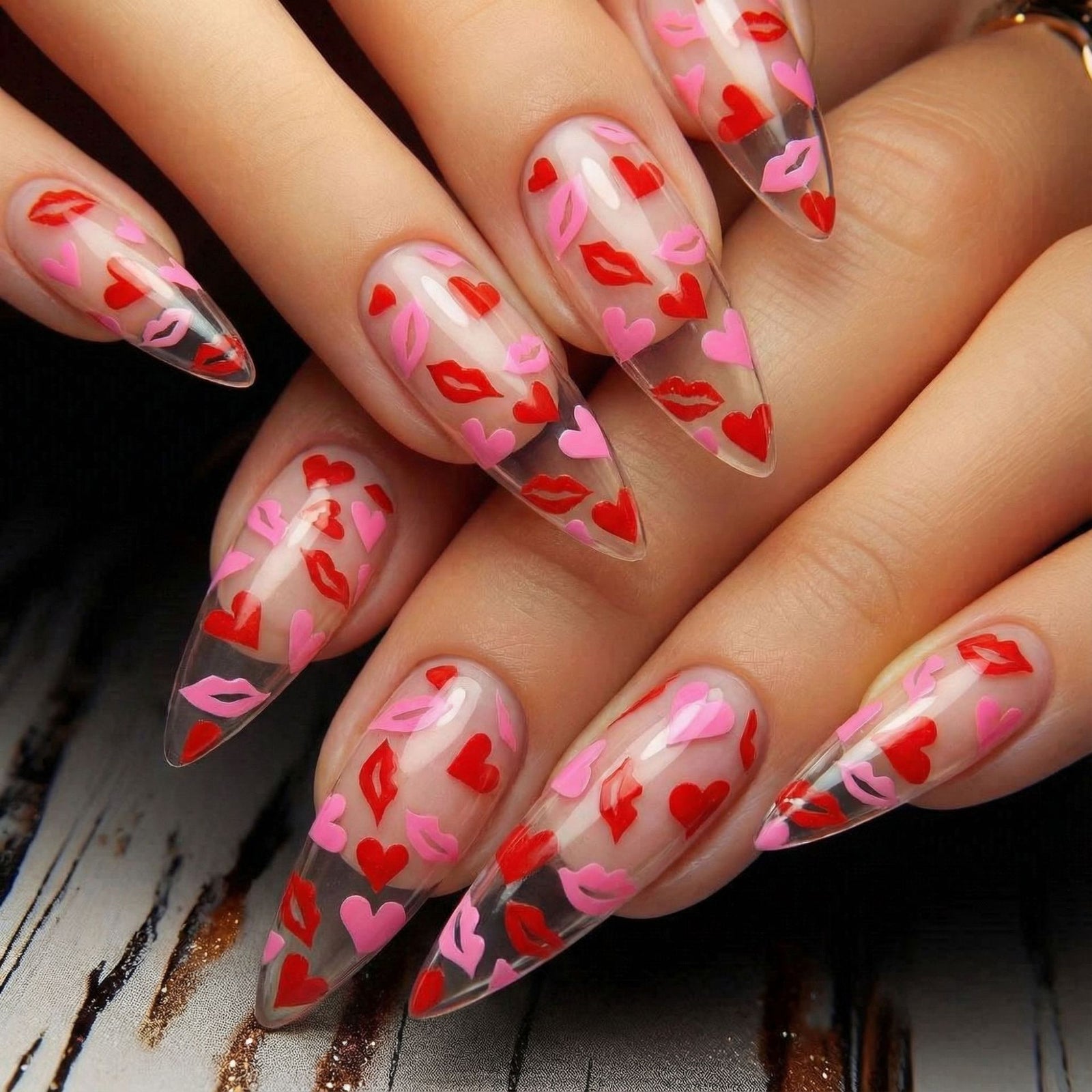 24pcs/Set Red Heart on Clear for Valentine's Press-On Nails