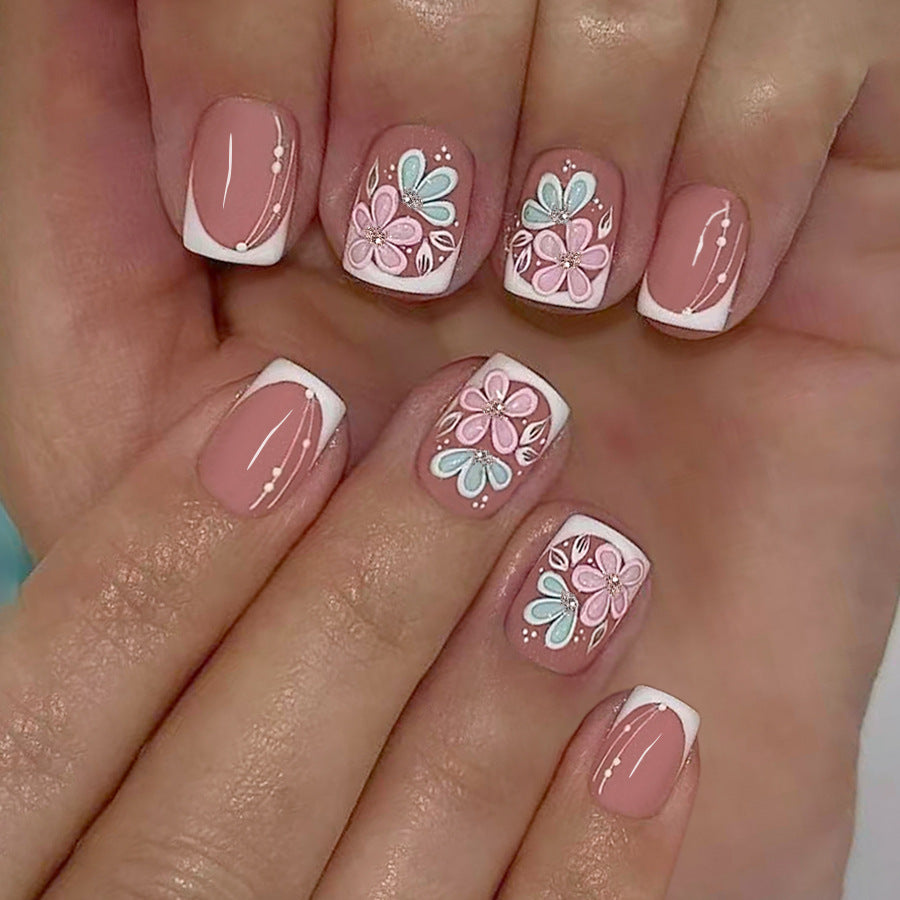 24pcs/Set Short White French with Pink & Green Flowers Press-On Nails
