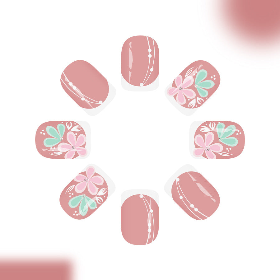 24pcs/Set Short White French with Pink & Green Flowers Press-On Nails