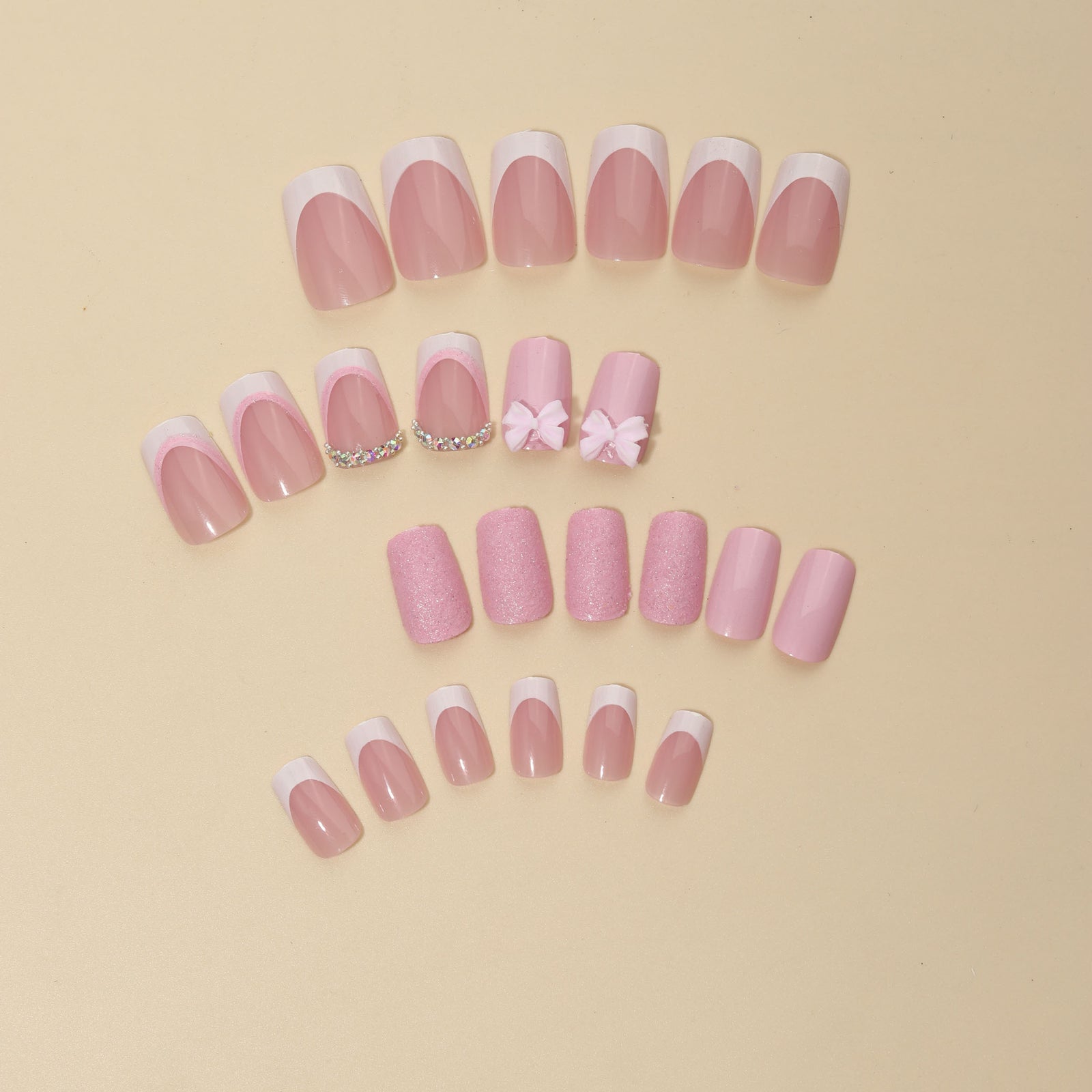 24pcs/Set Short French 3D Pink Bow Press-On Nails