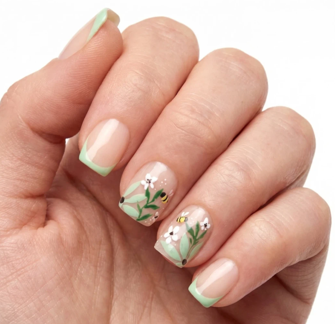 24pcs/Set French Green-Tone Little Bee Short Press-On Nails