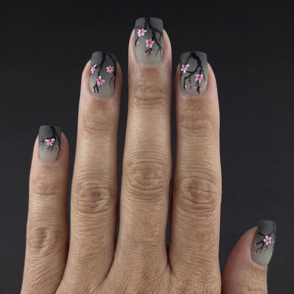 24pcs/Set Gray Small Flower Short Press On Nails