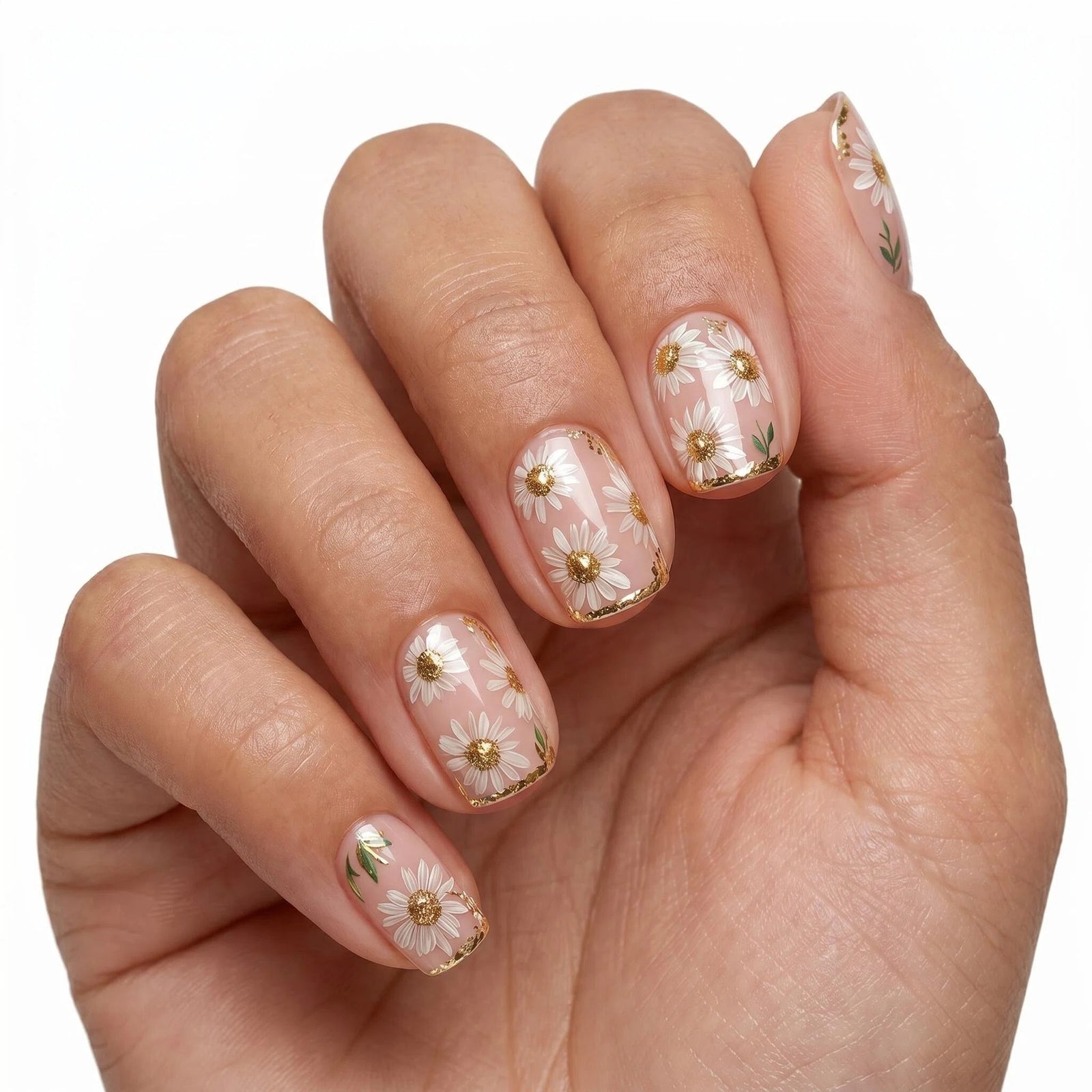 24pcs/Set Gold Stripes with White Flowers Press-On Nails