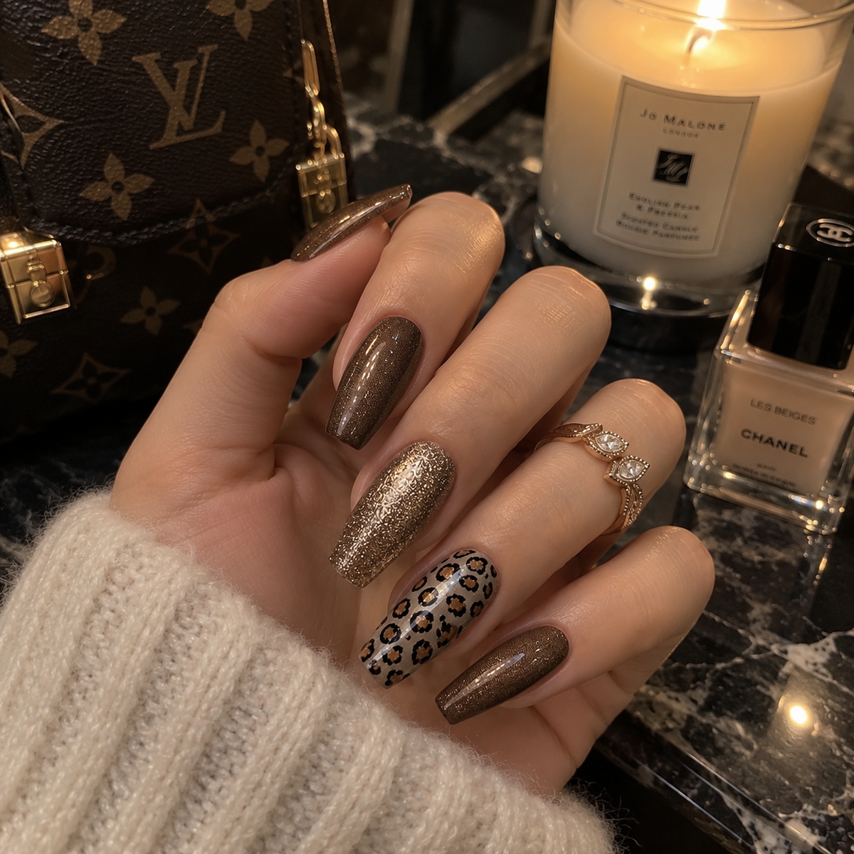 24pcs/Set Caramel Glitter Leopard Press-On Nails