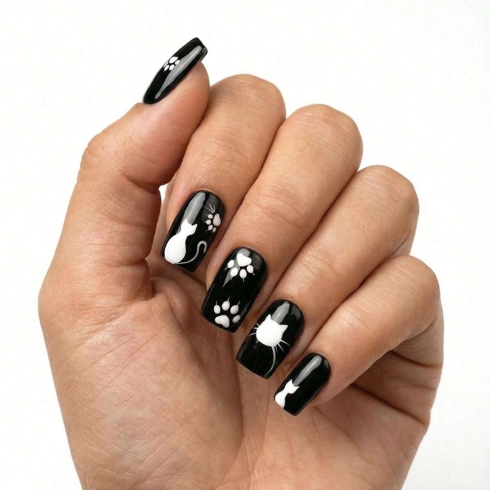 24pcs/Set Black Cartoon Cat Paw Short Press On Nails