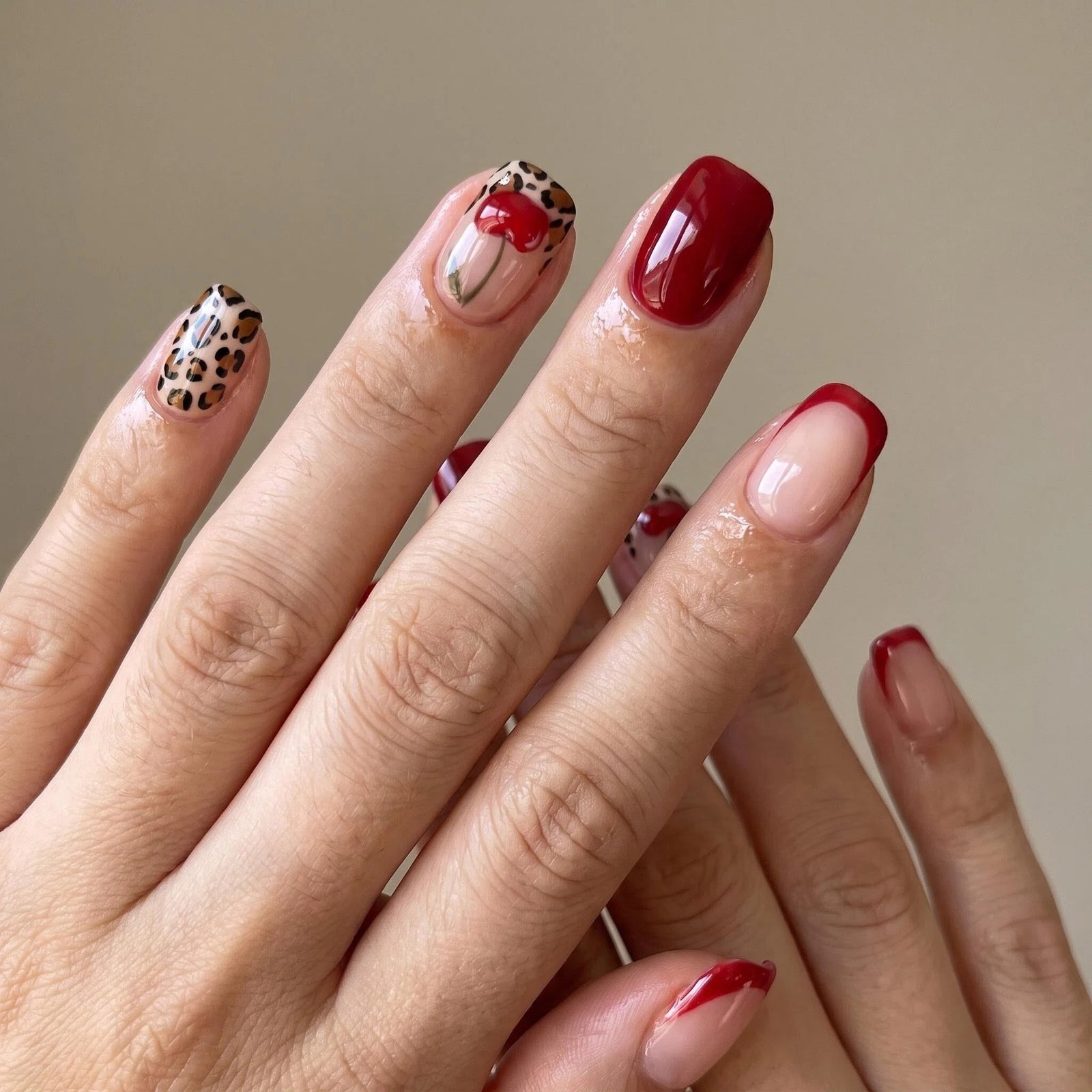 24pcs/Set Cherry French Leopard Press-On Nails