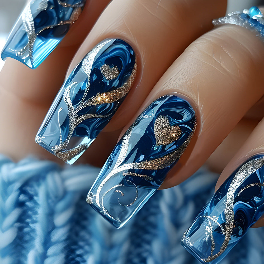 24pcs/Set Glitter Heart Blue Press-On Nails