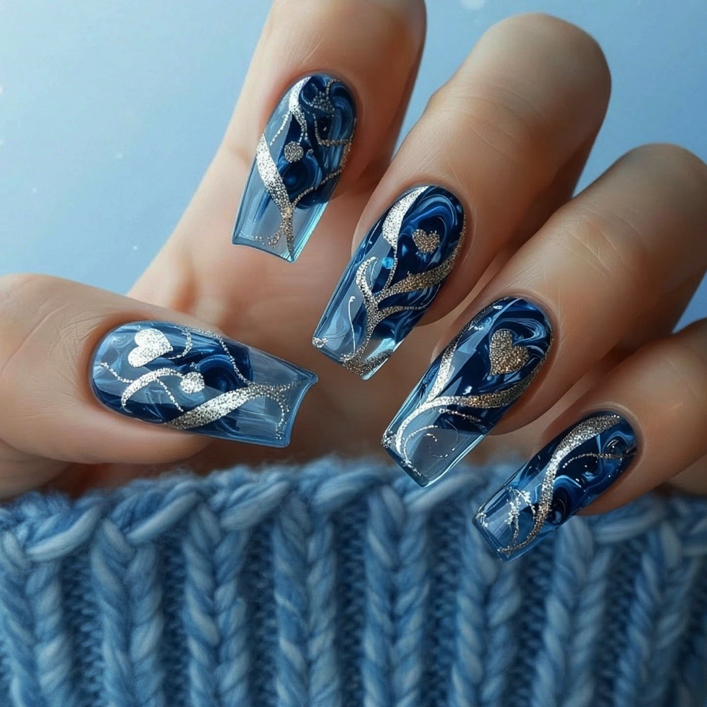 24pcs/Set Glitter Heart Blue Press-On Nails