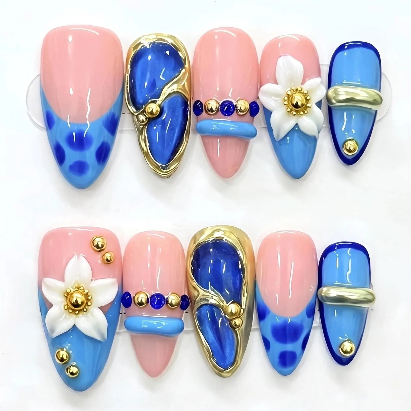 (Handmade) 10pcs/Set Blue 3D Sculpted Floral French Press-On Nails