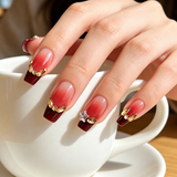 24pcs/Set Burgundy Gradient with Rhinestones Press-On Nails