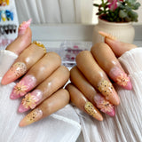 (Handmade) 10pcs/Set Pink 3D Flower Ombré Press-On Nails