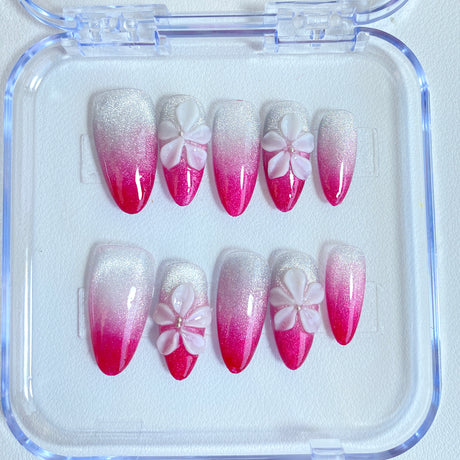 (Handmade) 10pcs/Set Pink 3D Flower Ombré Cat Eye Press-On Nails