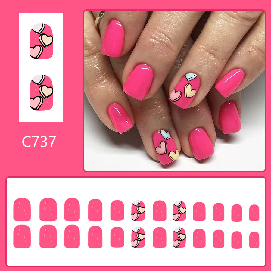 24pcs/Set Multicolored Heart Short Press-On Nails