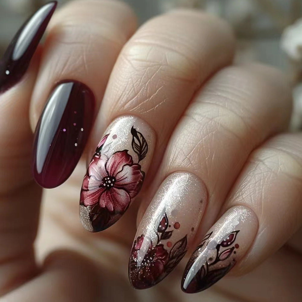 24pcs/Set Deep Burgundy Floral Press-On Nails