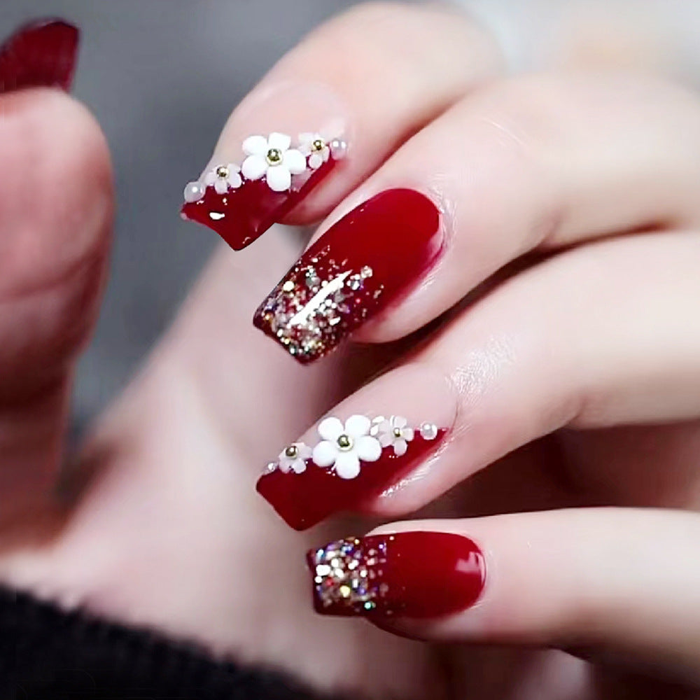 24pcs/Set Wine Red Camellia Press-On Nails