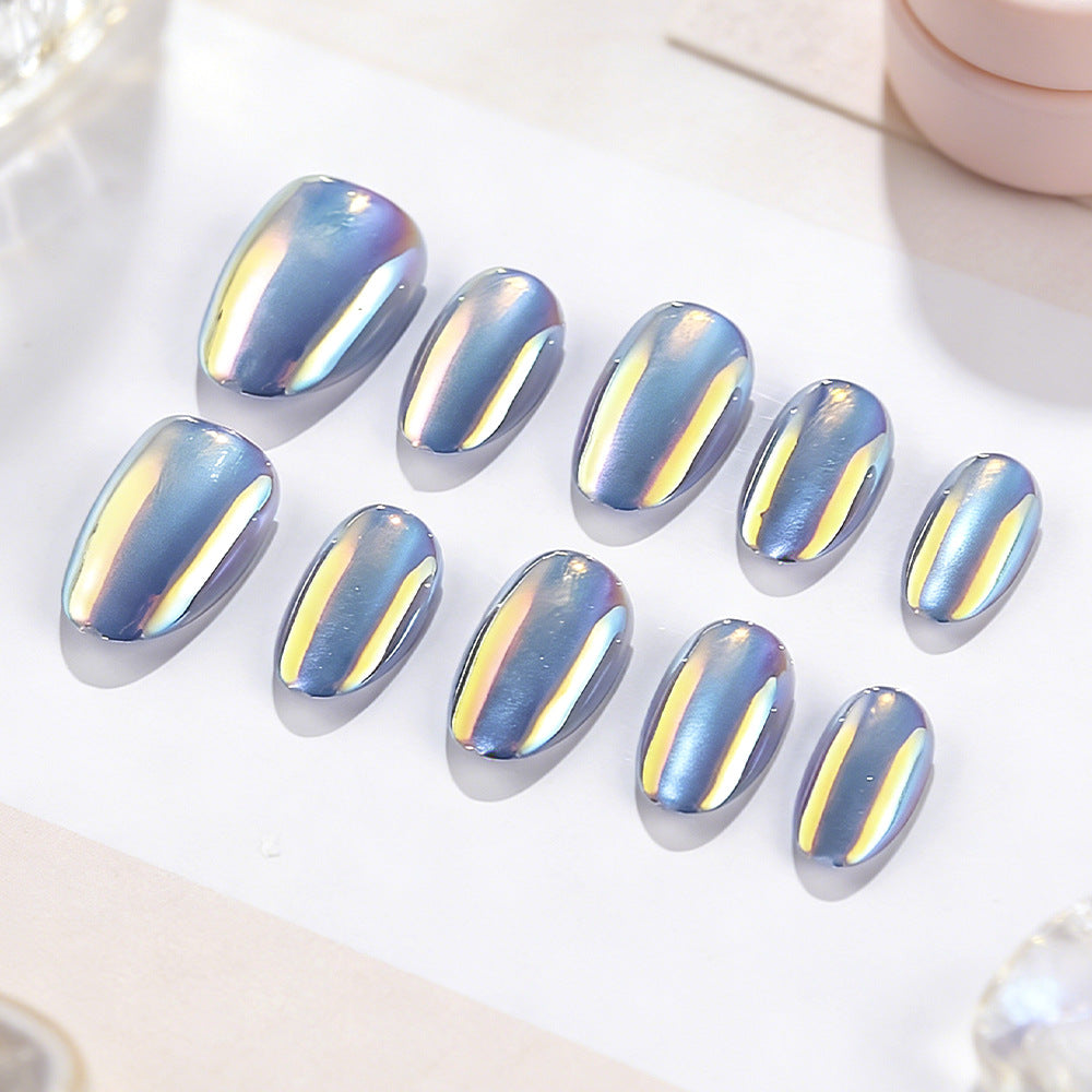 24pcs/Set Gray-Blue Aurora Cat Eye Press-On Nails