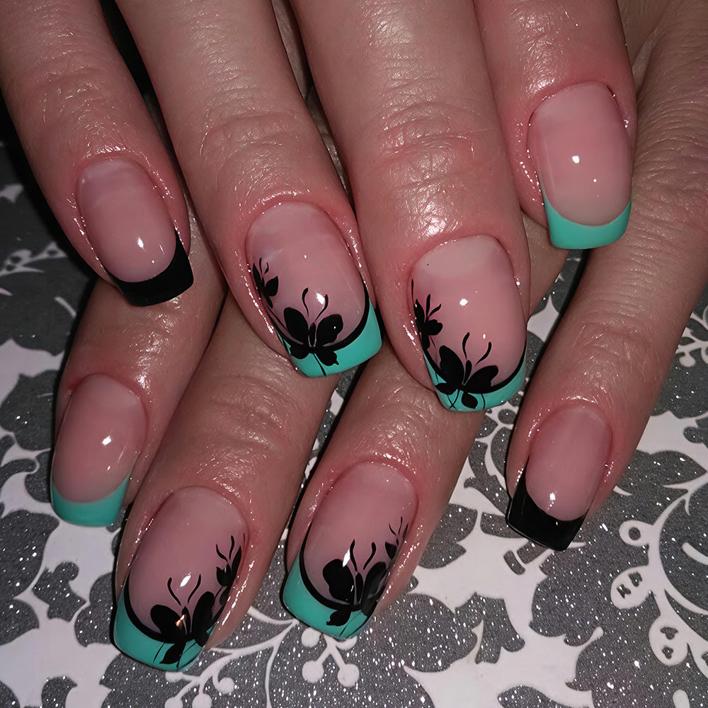 24pcs/Set Summer Black Butterfly French Short Press On Nails