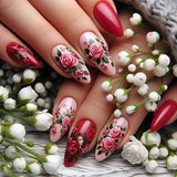 24pcs/Set Green Leaves & Pink Roses Press-On Nails