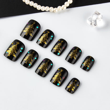 24pcs/Set Dark Christmas Tree with Gold Foil Short Press-On Nails