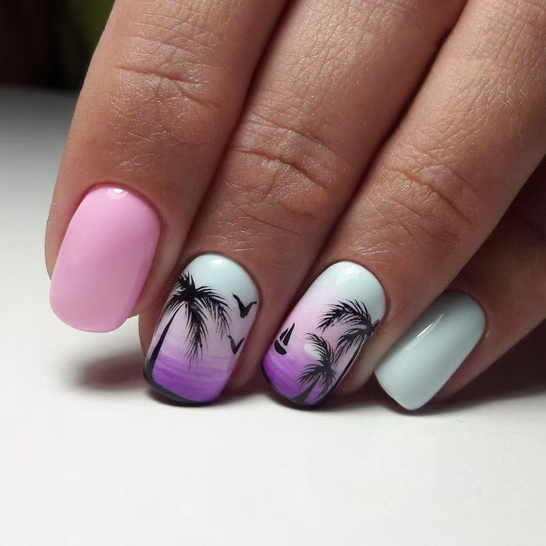 24pcs/Set Blue and Pink Palm Tree Press-On Nails