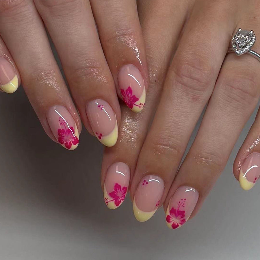 24pcs/Set Red Floral Yellow French Press-On Nails