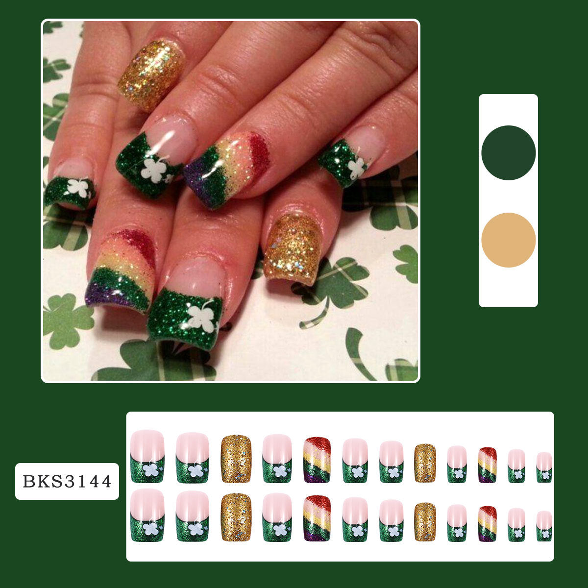 24pcs/Set Green Lucky Clover French Tips Press-On Nails For St. Patrick's Day