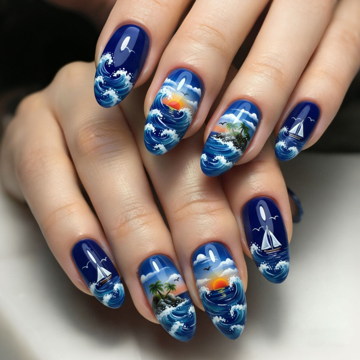 24pcs/Set Blue Ocean Waves Sunset Press-On Nails