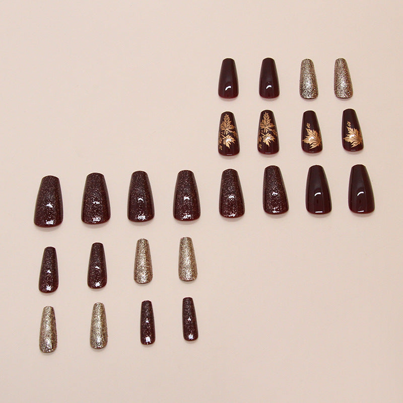 24pcs/Set Amber Gold Maple Leaf Press-On Nails