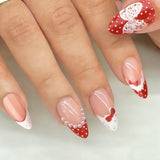 24pcs/Set Red & White Polka Dot Lace French Short Almond Press-On Nails