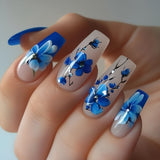 24pcs/Set Blue Floral Press-On Nails