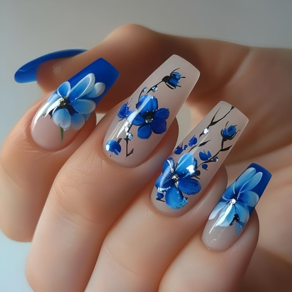 24pcs/Set Blue Floral Press-On Nails