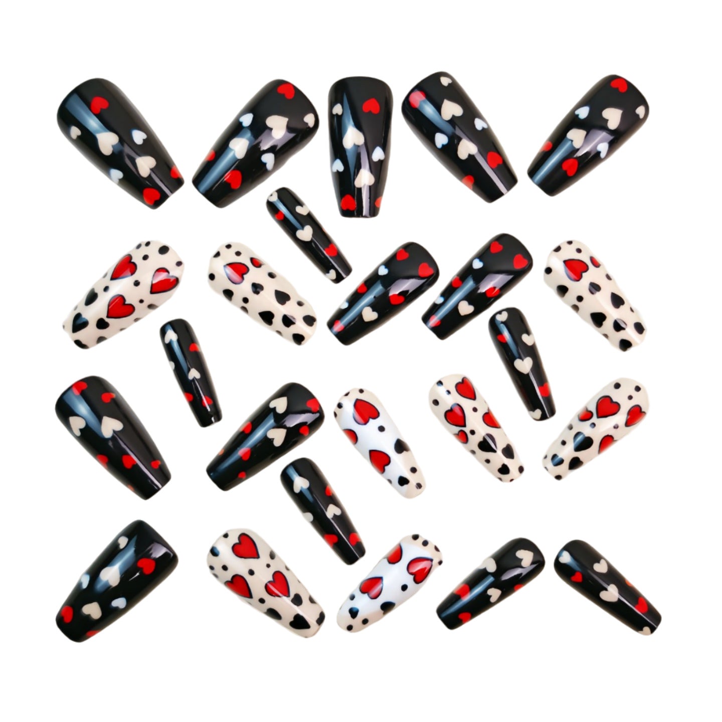 24pcs/Set Black, White & Red Hearts Press-On Nails