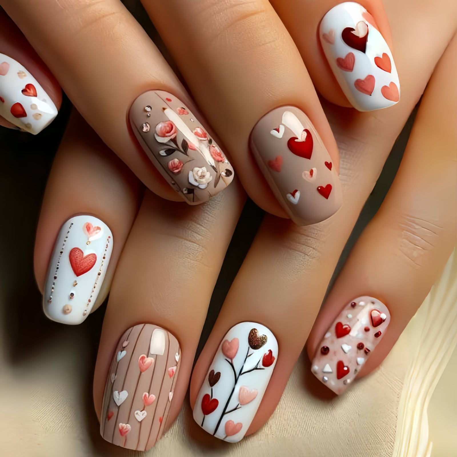 24pcs/Set Multicolor Heart-Shaped Roses Press-On Nails