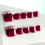 24pcs/Set Deep Burgundy with Rhinestones Press On Toe Nails