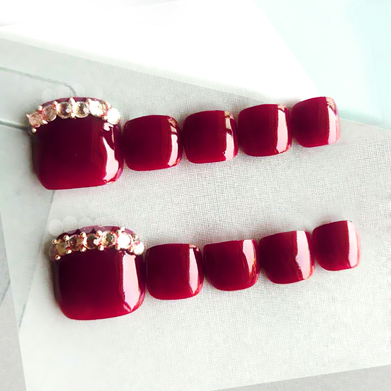 24pcs/Set Deep Burgundy with Rhinestones Press On Toe Nails