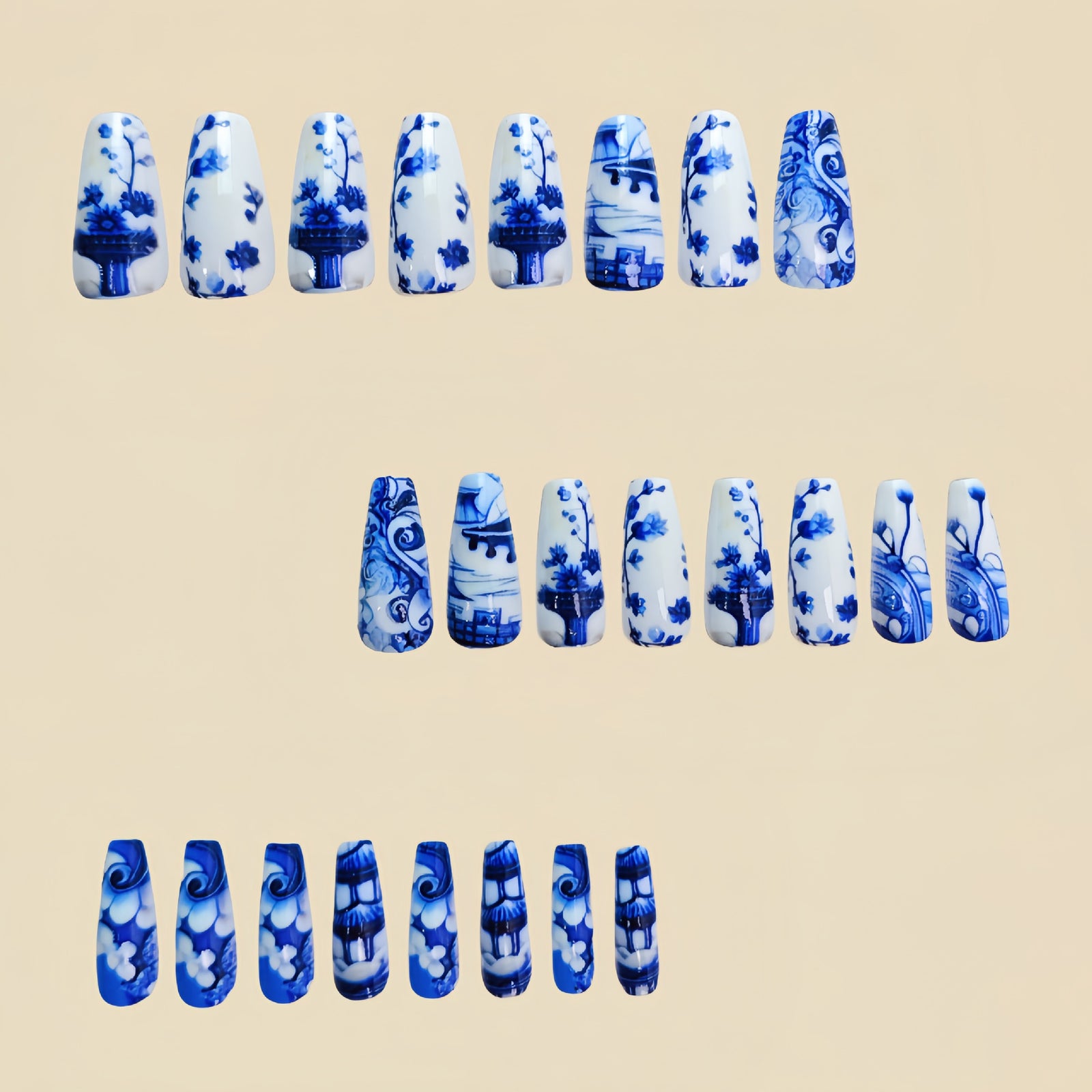 24pcs/Set Porcelain Pattern with Blue Stripes Press-On Nails