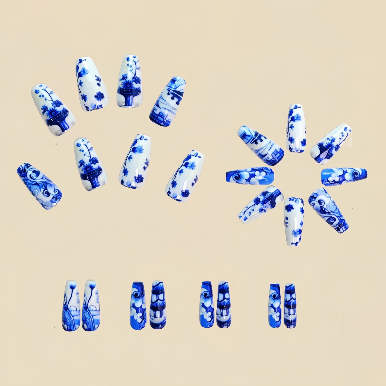 24pcs/Set Porcelain Pattern with Blue Stripes Press-On Nails