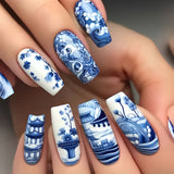 24pcs/Set Porcelain Pattern with Blue Stripes Press-On Nails