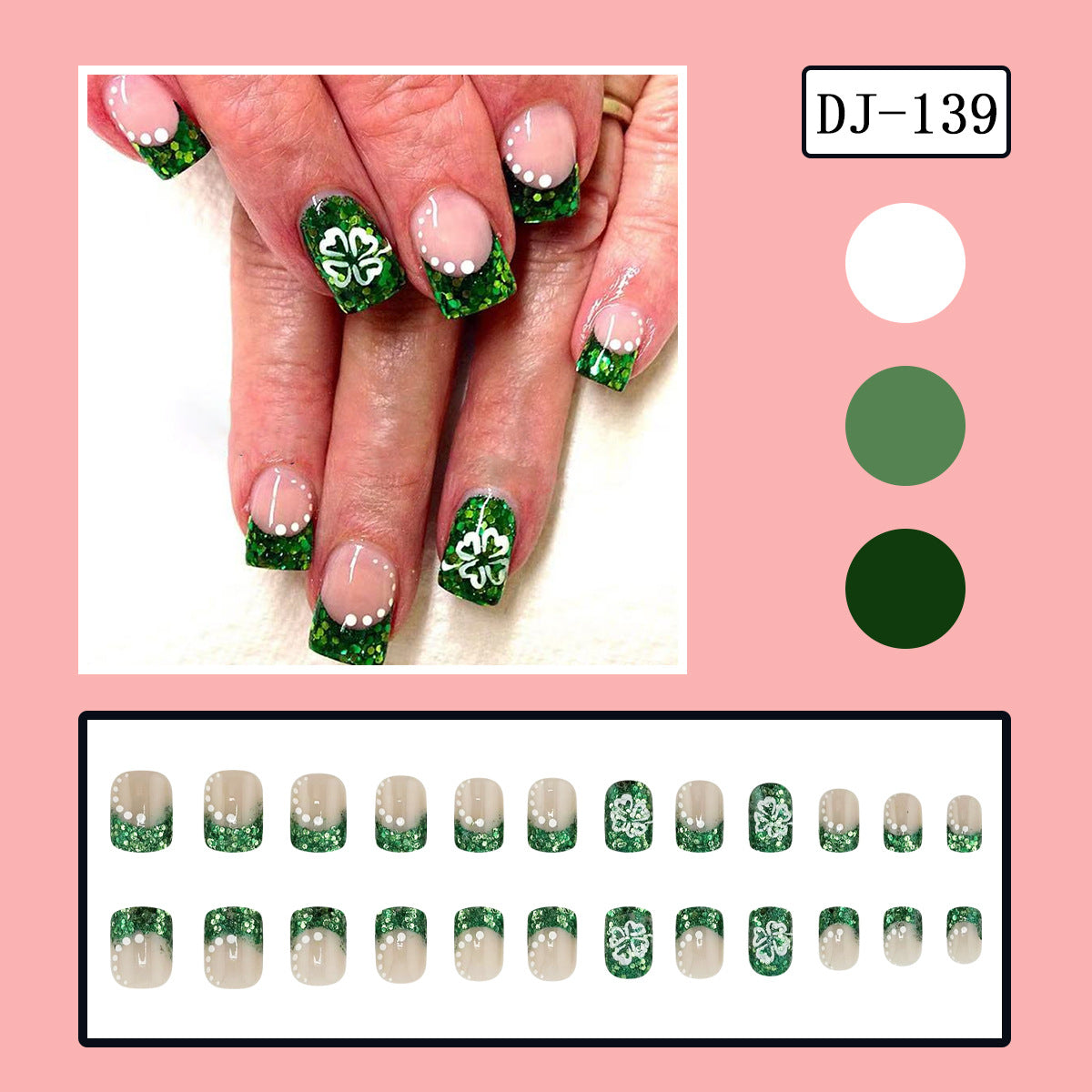 24pcs/Set White Polka Dot Four-Leaf Clover Press-On Nails