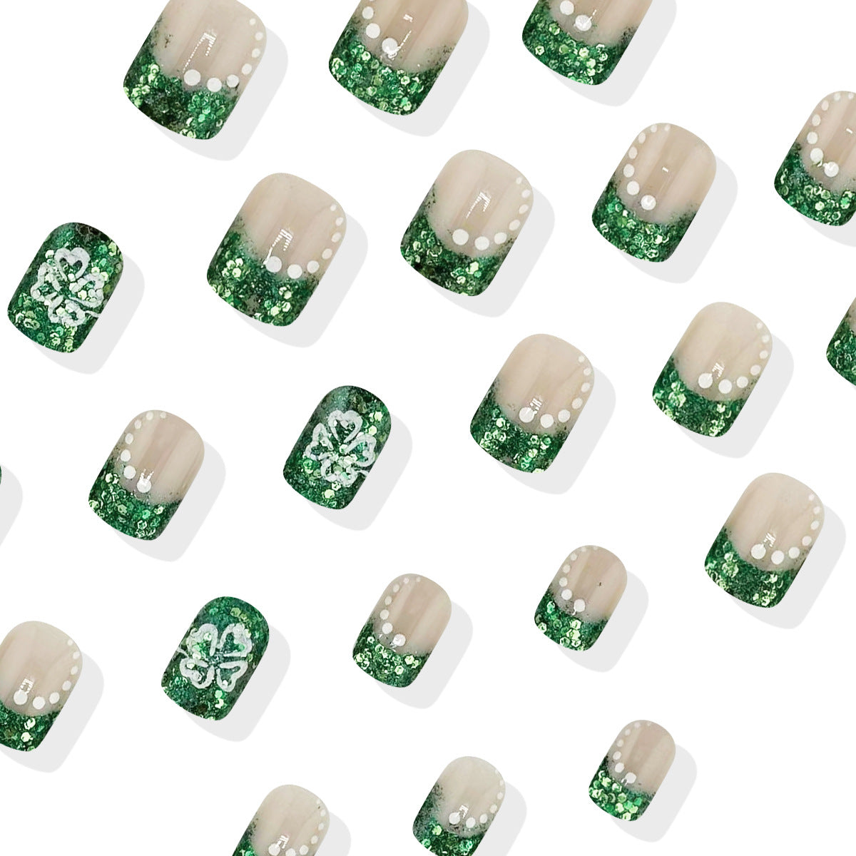 24pcs/Set White Polka Dot Four-Leaf Clover Press-On Nails